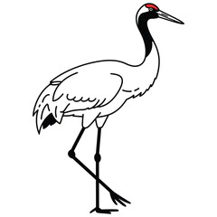 Elegant black and white illustration of a red crowned crane standing gracefully with detailed feathers and long legs