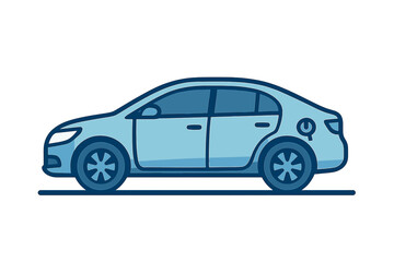 Obraz premium Profile view of a blue electric sedan vehicle highlighting the rear charging port symbol