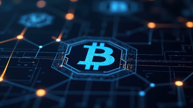 Glowing bitcoin symbol on a digital network background