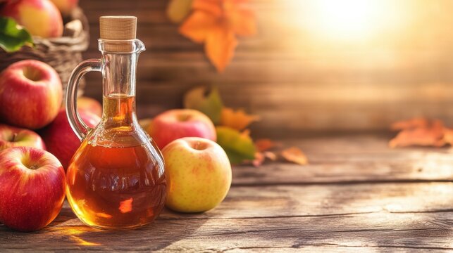 Apple cider vinegar bottle with apples and measuring cup, warm sunlight, wooden background.