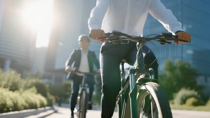 Professionals commuting with eco-friendly bicycles in a smart city environment, representing health, modern lifestyle, and sustainable transport. three-quarter wide angle, cinematic color