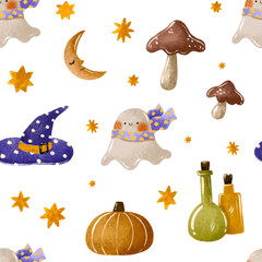 Halloween Seamless pattern with ghost wizard, posion, pumkin, mushroom. Hand drawn watercolor illustration on isolated background. Autumn October holiday. Endless background