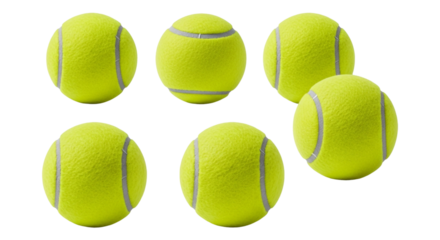 Group of tennis ball isolated on transparent background, showcasing their bright yellow color and fuzzy texture in a clean studio setting