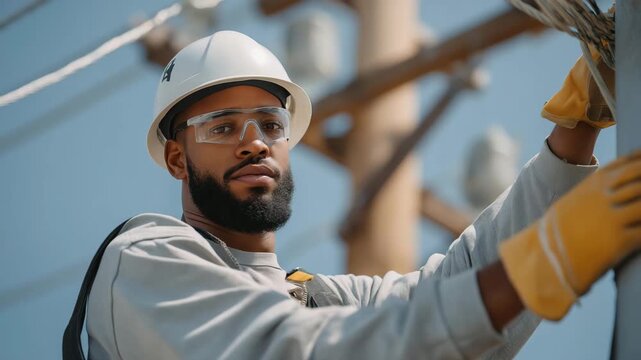 A multicultural maintenance team upgrading eco-friendly streetlights, representing innovation, teamwork, and responsibility. three-quarter wide angle, cinematic color correction, gentle backlight,