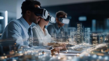 A professional team using virtual reality headsets to design a smart city, highlighting technology, creativity, innovation, and modern urban planning. three-quarter wide angle, cinematic color - Powered by Adobe