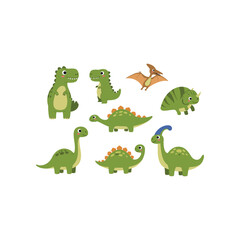 Collection of cute cartoon dinosaurs in various poses and species including tyrannosaurus rex triceratops and pterodactyl