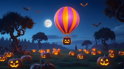 Whimsical halloween night scene with jack o lanterns and a festive hot air balloon