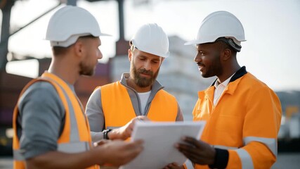 Dockworkers and supervisors brainstorming sustainable logistics practices, highlighting creativity, teamwork, and innovation in transportation. three-quarter wide angle, cinematic color correction, - Powered by Adobe