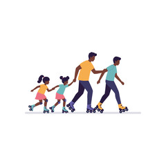 Diverse african american family with two fathers and two daughters enjoying roller skating together outdoors on a sunny day