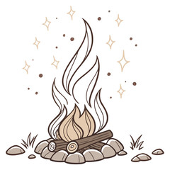 A charming hand drawn illustration of a cozy campfire with glowing embers and sparkling stars against a white background
