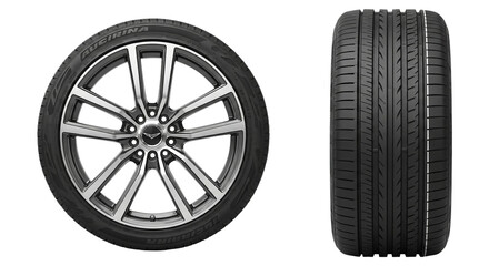 Obraz premium Car tire and wheel isolated on transparent background modern automotive wheel with alloy rim and tire car tire isolated on transparent background