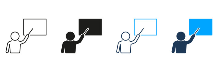 Teacher Pointing At Blackboard Line And Solid Icon Set. Education, Instruction, And Classroom Presentation Symbol Collection. Learning And Teaching Concepts. Isolated Vector Illustration
