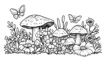 Black and white illustration of mushrooms and flowers. Detailed line art of several mushrooms, various flowers, and butterflies, nestled amongst foliage