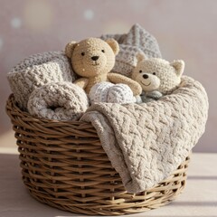 Wicker Basket Full of Stuffed Knitted Bears and Blankets in Warm Sunlight