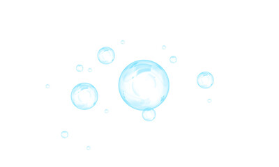 Set of realistic blue soap bubbles in various sizes. Bubbles are located on a transparent background. Water glass bubble realistic