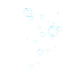 Set of realistic blue soap bubbles in various sizes. Bubbles are located on a transparent background. Water glass bubble realistic