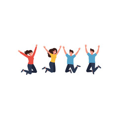 Four diverse young adults two women and two men joyfully jumping in the air with arms raised in celebration and excitement
