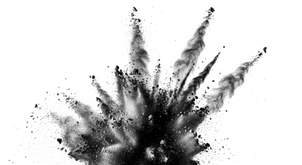 Explosion of black powder isolated on transparent background, creating a dramatic and impactful visual effect for various creative projects