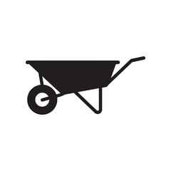 Simple black silhouette of a garden wheelbarrow with a single wheel and handles on a clean white background