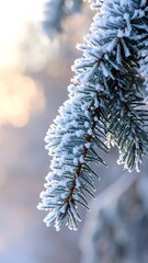 Frozen pine branch bathed in sunlight