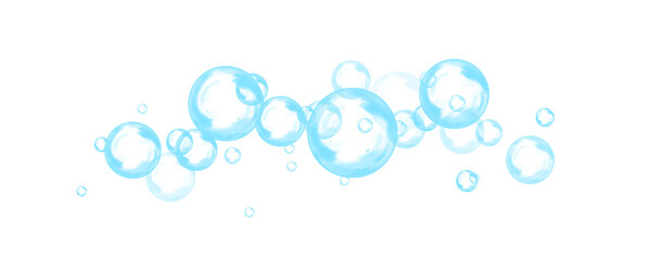 Transparent blue soap bubbles with glossy surface, floating in the air with light reflection. Delicate round sphere with crystal clear liquid drop effect. 