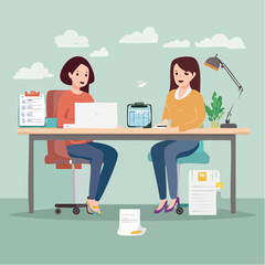Illustration of two professional women working together at a desk, managing business finances and collaborating on a project