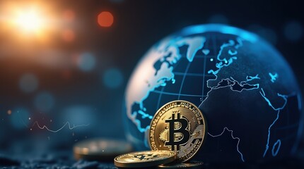 Golden bitcoin coin in front of a glowing digital globe representing global cryptocurrency