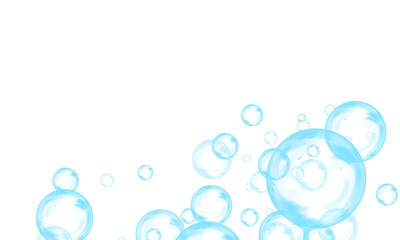 Transparent blue soap bubbles with glossy surface, floating in the air with light reflection. Delicate round sphere with crystal clear liquid drop effect. 