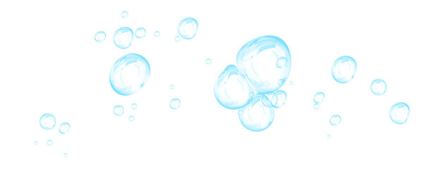 Blue soap bubbles, liquid sphere, foam freshness, underwater floating, vibrant dew, abstract shine, washing concept.