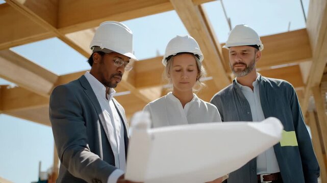 A group of architects and builders examining structural models at a construction site, symbolizing collaboration, professionalism, and development. three-quarter wide angle, cinematic color