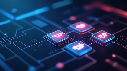 Digital circuit board with glowing bitcoin symbols representing cryptocurrency and blockchain technology