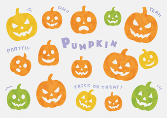 カラフルでポップなハロウィンパンプキン 水彩イラスト素材セット