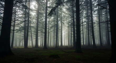 Fototapeta premium Mysterious and Atmospheric Forest with Sun Rays Piercing Through Heavy Fog