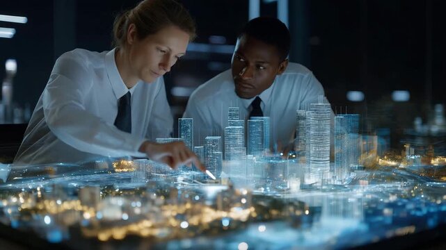 Urban planners and architects of different nationalities working with 3D models and digital maps, symbolizing innovation, teamwork, sustainable urban development, and global cooperation.