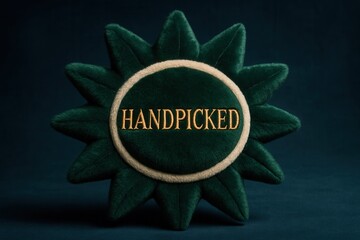 Plush badge with HANDPICKED text, artisan style, distinct retail promotion for quality products.