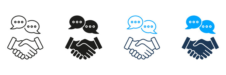 Handshake With Speech Bubbles Line And Solid Icon Set. Communication, Agreement, And Partnership Symbol Collection. Business Collaboration And Negotiation. Isolated Vector Illustration