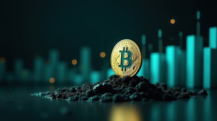 Golden bitcoin coin standing tall on dark soil with blurred green financial charts background