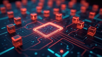 Glowing neon circuit board with central processor and data flow
