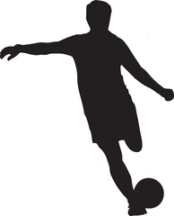 Silhouette of a soccer player kicking a ball in motion.

A black silhouette of a male soccer player in mid-kick, with his body angled and leg extended to strike the ball.

