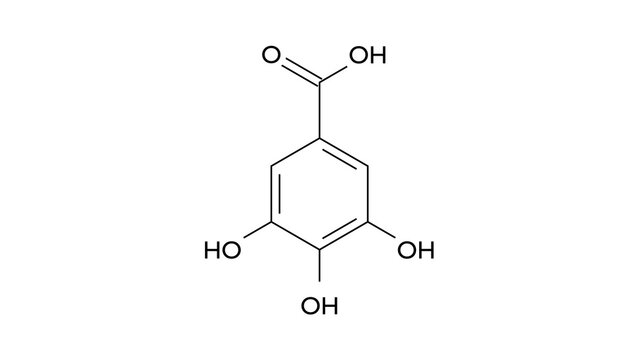gallic acid molecule, structural chemical formula, ball-and-stick model, isolated image phenolic acid