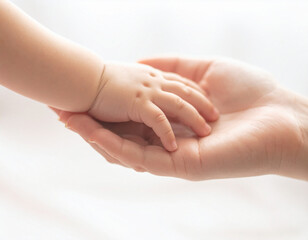 Primer plano de las manos de una madre y su beb&eacute; toc&aacute;ndose con ternura sobre fondo blanco y luz natural, s&iacute;mbolo de amor, maternidad, v&iacute;nculo humano pureza confianza y emociones