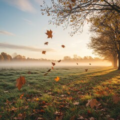 Autumn Landscape with Golden Leaves Falling in a Misty Field at Sunrise
