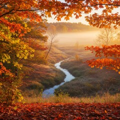 Scenic Autumn Landscape With a Stream Flowing Through Mist Forest Under Warm Light