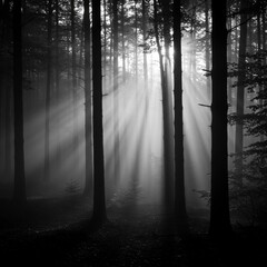 Monochrome Forest with Sun Rays Shining Through Tall Trees in the Early Morning