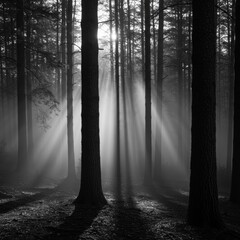 Monochrome Forest Scene Featuring Sun Rays Filtering Through Tall Trees and Dark Ground