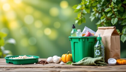 An outdoor setting where a picnic is in progress. A green cooler is placed on a wooden table, filled with food items that include orange slices and what appears to be a salad