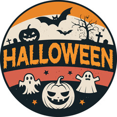 Halloween tshart halloween illustration featuring a pumpkin, ghosts, and bats in a spooky scene, perfect for holidaythemed designs and decorations