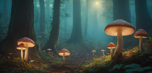 There are a lot of mushrooms that standing in the woods design frame colorful figure expression cartoonish creative scene illustration emotion style gesture depth motion layers backgrounds