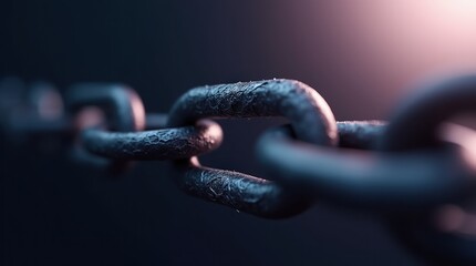 Close up of a strong metal chain with a dark background and soft lighting
