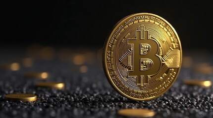 Golden bitcoin coin on dark textured background with blurred lights